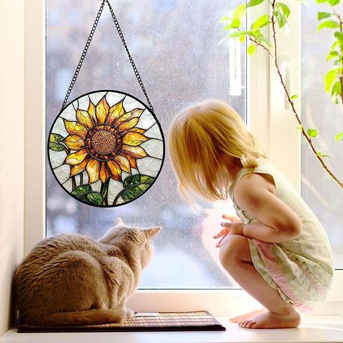 DASTOLL Stained Glass Window Hanging - Sunflower Flower Suncatcher Ready to Hang Window Doors Home Decoration and Christmas, Mother's Day Birthday Gifts for Women, Men, and Mom 9.8x9.8 in