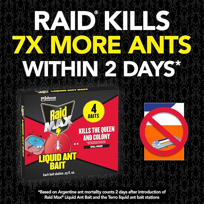 Raid Max Liquid Ant Bait; Kills Ants Where They Breed, for Indoor and Outdoor Use; 4 Bait Stations
