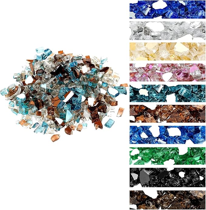 Onlyfire 10 pounds Fire Glass for Propane Fire Pit and Gas Fireplace, 1/4 Inch Blended Reflective Firepit Glass Rocks for Fire Pit Table and Fire Bowl, Aqua Blue+Platinum+Copper