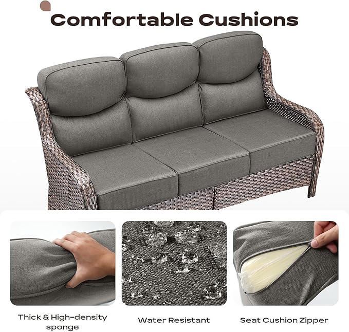 Rilyson Wicker Outdoor Patio Furniture Set - 8 Piece Patio Conversation Sets with Swivel Rocker Chairs, Ottomans, Sofa and Coffee Table, 6 inch Cushions, Deep Seating, for Porch Deck Brown/Grey