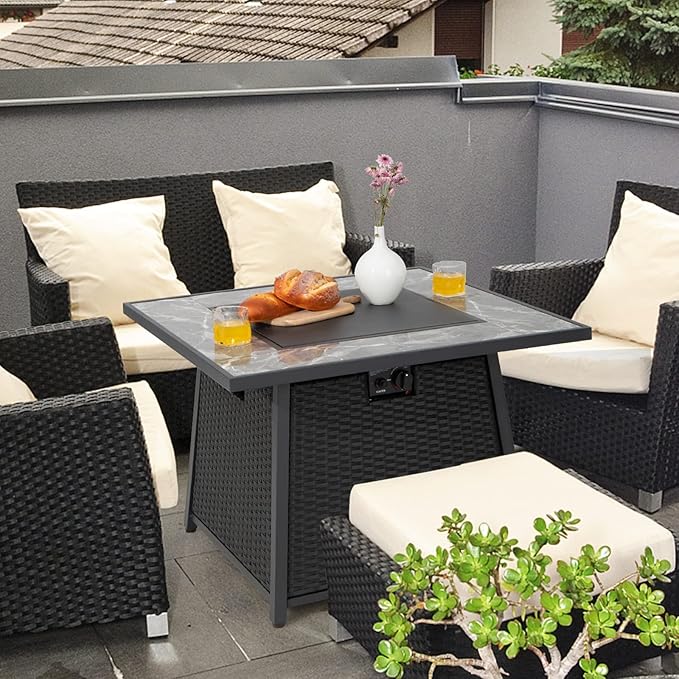 Tangkula 35 Inch Rattan Propane Gas Fire Pit Table, Patiojoy 50,000 BTU Outdoor Wicker Patio Propane Fire Pit w/Lid, Lava Rocks and PVC Cover, Auto-Ignition Square Firepit Table with Marble Tabletop