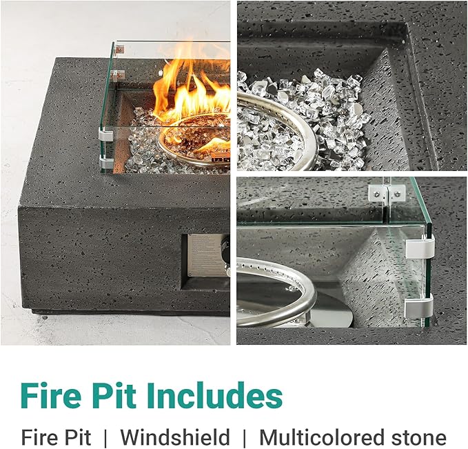 SUNBURY Outdoor Travertine Fire Pit Table, Propane Burning FirePit, 35 inch Square Patio Fire Table 50,000 BTU Fire Pit for Outside with Waterproof Cover, Light Gray
