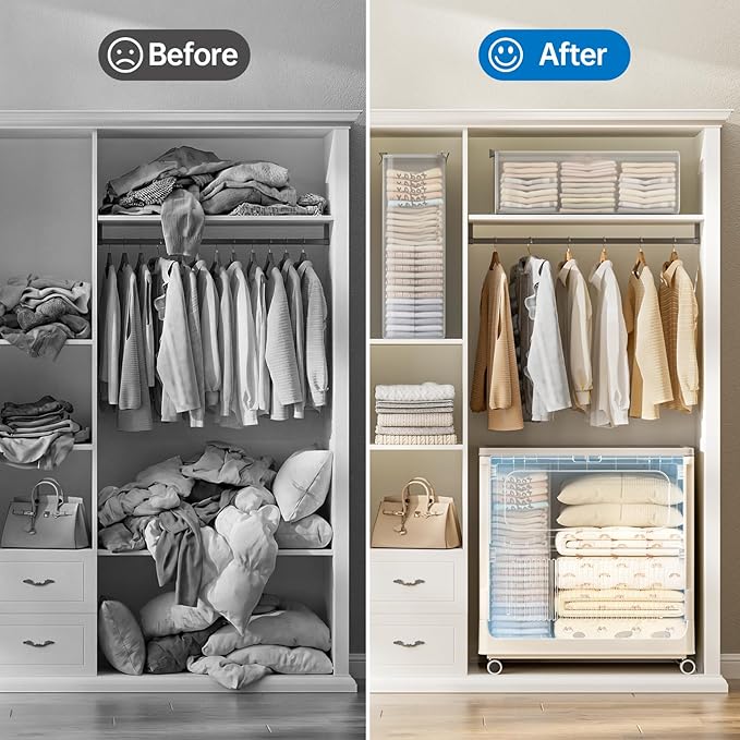 HAIXIN HOME 130L Stackable Storage Bin with 3 Storage Bags for Sorting and Organization, Foldable Storage Box with Wheels, Large Blanket Storage Container for Comforters, Bedding, Seasonal Clothing