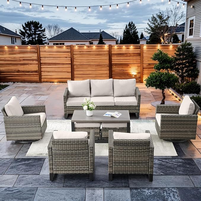 HUMMUH 8 Piece Patio Furniture Set All Weather Wicker Outdoor Sectional Sofa with Patio Chairs,Patio Swivel Glider Chairs Ottomans Coffee Table for Porch,Garden,Backyard