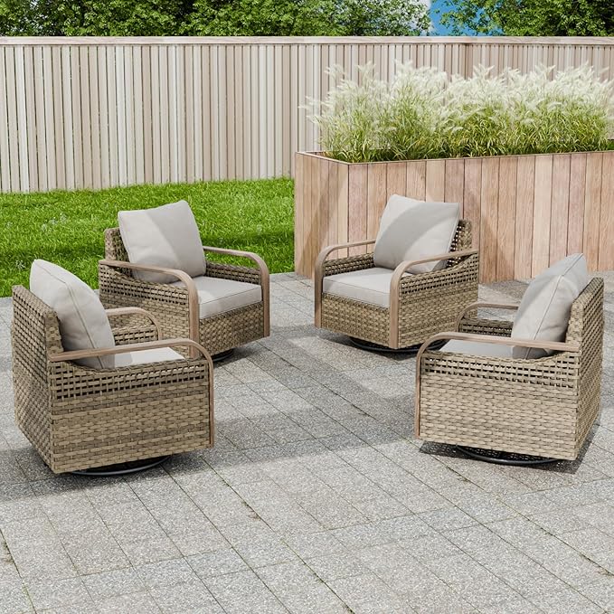 EAGLE PEAK Modern Wicker Outdoor Glider Rocking Chair, Swivel Rocker, Rattan Patio Furniture for Yard Deck Porch Garden, 4 Chairs, Brown/Gray