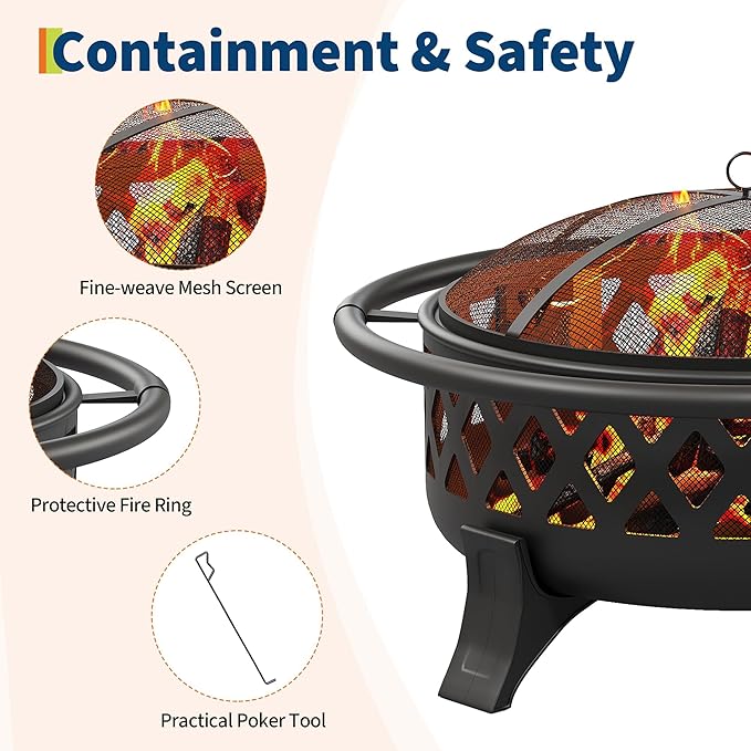 Outdoor Fire Pit with Spark Screen Cover, 37 Inch Wood Burning Fire Pit with Stoker Tool, Portable Firepits for Outside Camping, Patio, Backyard