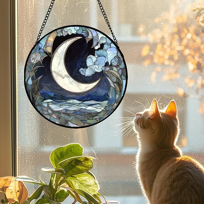 JOSUMALY Stained Glass Window Hanging - Abstract Sea of Clouds Moon Sun Catcher for Door Terrace Garden Home Decor, Gray Blue Suncatcher Birthday Gifts for Lovers Women Men Dad Mom Nana 9.8 in