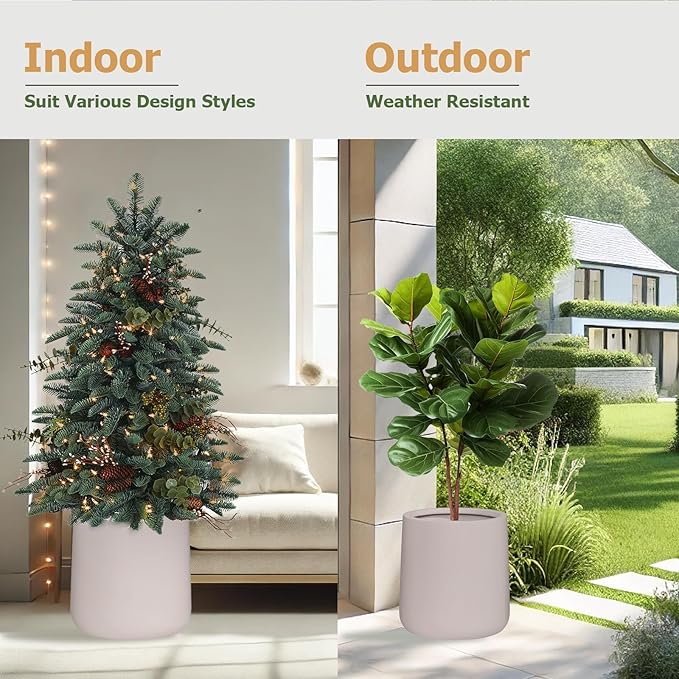15.3"H x 15"D Conico Fiberstone Round Planter - Christmas Tree Planter, Smooth Finishes, Weather Resistant for Indoor and Outdoor Use, Included 2 Extra Coco Mats (Taupe, 11.7" Pot Opening)