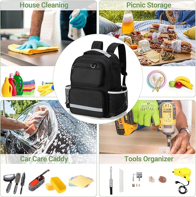 Cleaning Backpack with Bottom Plate & Waterproof Bottom, Large Supplies Bag with Multiple Pockets for Housekeeping Tools, Cleaning Products Caddy Organizer for Home & Car