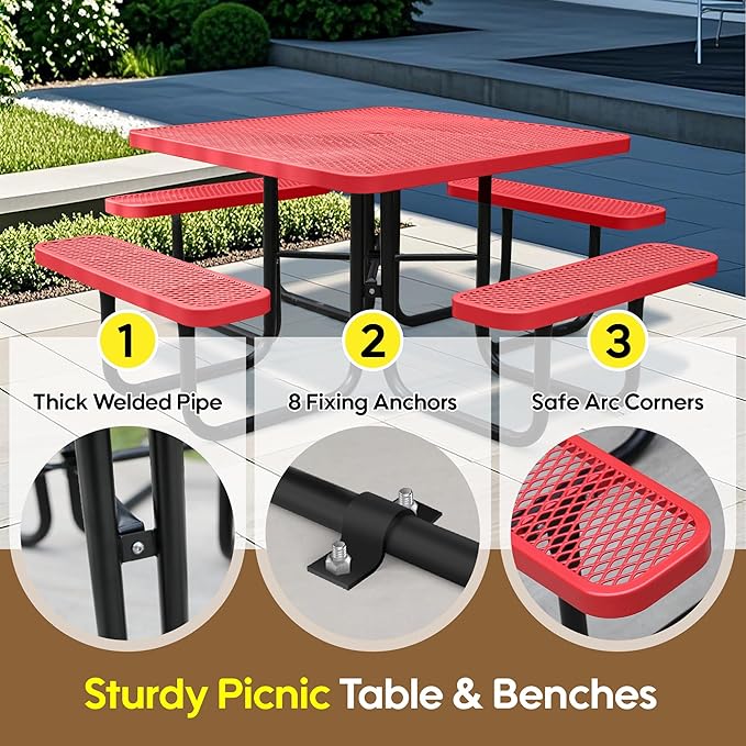 Sunnibety 8-Person Picnic Tables for Outdoors, Industrial 46" Expanded Metal Square Picnic Table with 4 Benches & Umbrella Hole, Outside Table and Bench Set for Garden, Backyard, Porch, Patio, Red