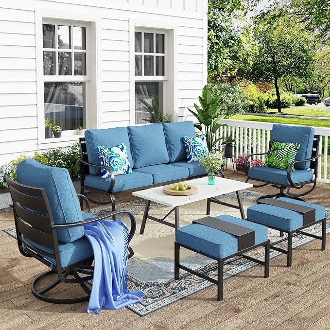 MFSTUDIO 6 Pieces Metal Patio Furniture Sets, 2 Swivel Chair, 1 Deep Seating 3-Seat Sofa, 2 Ottoman & 1 Marbling Coffee Table, All Weather 7 Seats Outdoor Conversation Set for Garden Backyard, Navy