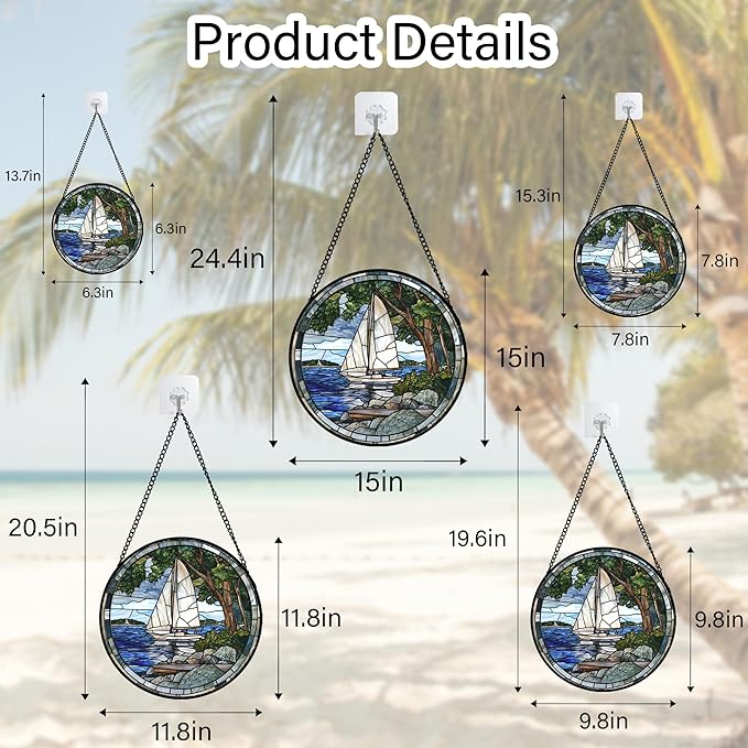 QZQCBLC Stained Glass Window Hanging Blue Ocean White Sailboat 7.8" - Nature Suncatcher Door Garden Sun Catcher Home Decor Birthday Christmas for Woman Mom Men Friend Nana