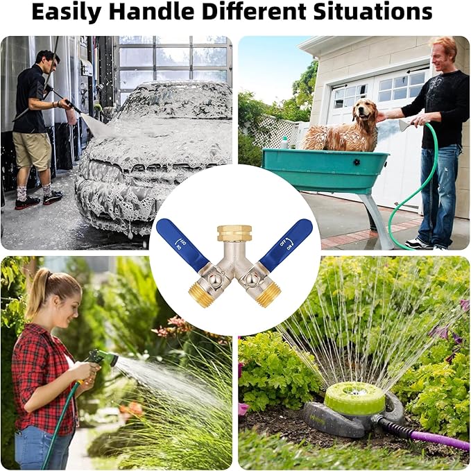 2 Way Hose Splitter, Brass High Flow Garden Hose Splitter Heavy Duty, Hose Connector, Water Spigot Splitter, Full Flow Faucet Splitter with shutoff, 3/4” GHT Inlet