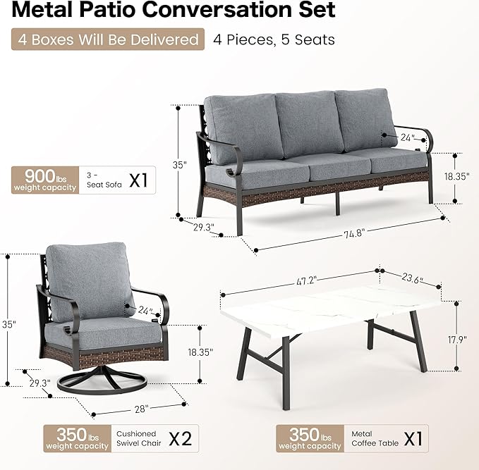 SUNSHINE VALLEY 4 PCS Metal Outdoor Patio Furniture Set, Patio Conversation Sets 1 3-Seater Sofa, 2 Swivel Chairs with 5.75" Extra Thick Cushion & Coffee Table, Black Frame Backyard Furniture, Gray