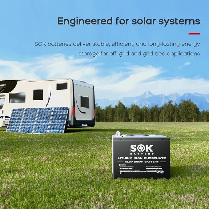 SOK Battery 100Ah 12V LiFePO4 Battery Deep Cycle Lithium Iron Phosphate Battery 12 Volt with Low Temp Protection, 100A BMS Ideal for RV, Solar, Wind, and Off-Grid Use