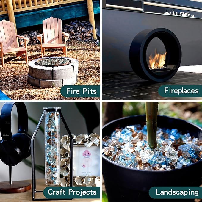 Onlyfire 10 pounds Fire Glass for Propane Fire Pit and Gas Fireplace, 1/4 Inch Blended Reflective Firepit Glass Rocks for Fire Pit Table and Fire Bowl, Aqua Blue+Platinum+Copper