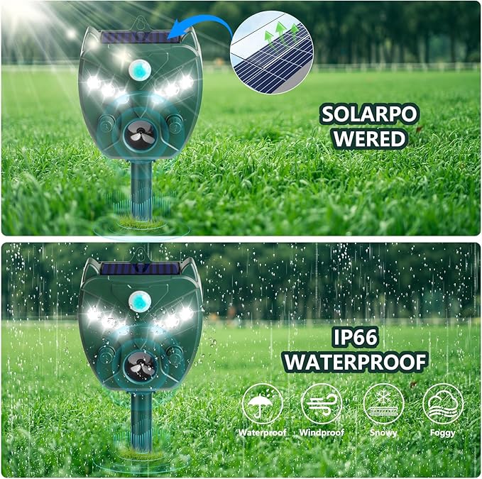 2 Pack 2025 Upgraded Solar Ultrasonic Animal Repellent Outdoor – Motion Activated Deer, Squirrel, Cat, Raccoon, Dog & Bird Deterrent with Multi-Frequency LED Strobe & Ultrasonic Sweep for Garden Yard