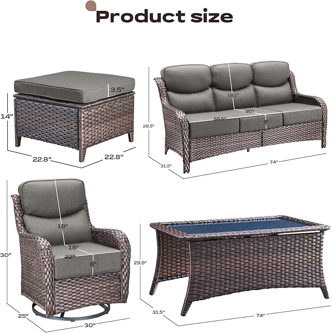 Rilyson Wicker Outdoor Patio Furniture Set - 8 Piece Patio Conversation Sets with Swivel Rocker Chairs, Ottomans, Sofa and Coffee Table, 6 inch Cushions, Deep Seating, for Porch Deck Brown/Grey