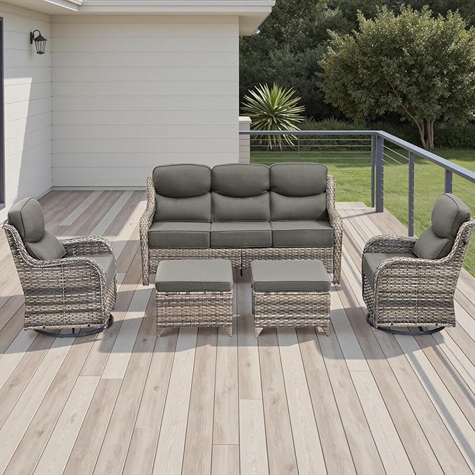 Rilyson Wicker Outdoor Patio Furniture Set - 5 Piece Patio Conversation Sets with Swivel Rocker Chairs, Ottomans and Sofa, 6 inch Cushions, Waterproof Wicker, for Porch Deck Mixed Grey/Grey