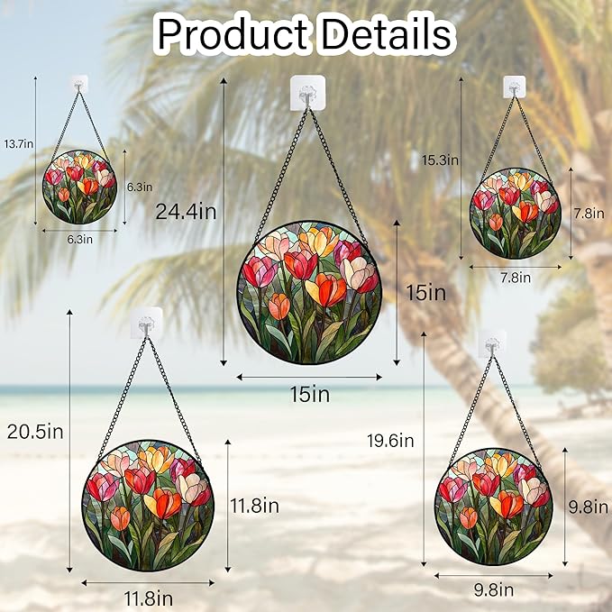 QZQCBLC Stained Glass Window Hanging Red and Pink Tulips Large 11.8" - Plant Suncatcher Door Garden Flower Sun Catcher Home Decor Birthday Christmas for Mom Woman Wife Friend Nana