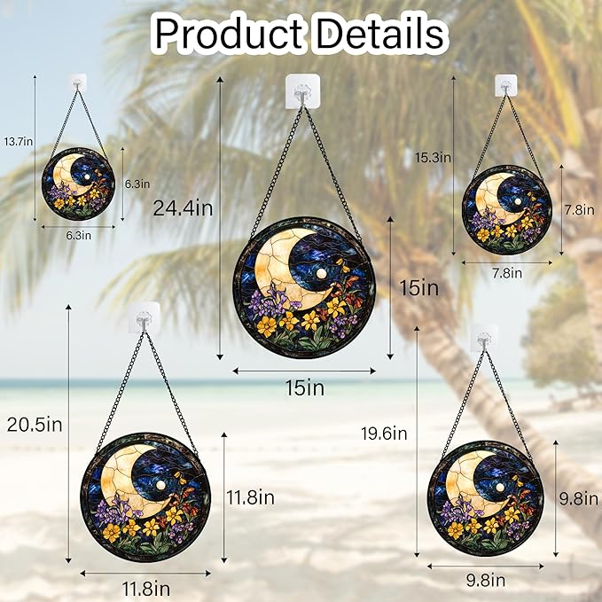 JOSUMALY Stained Glass Window Hanging - Blue Night Sky Moon Suncatcher for Door Terrace Garden Home Decor Wildflowers Sun Catcher Birthday Gifts for Lovers Women Men Dad Mom Nana 15 in