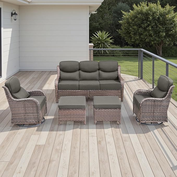 Rilyson Wicker Outdoor Patio Furniture Set - 5 Piece Patio Conversation Sets with Swivel Rocker Chairs, Ottomans and Sofa, 6 inch Cushions, Waterproof Wicker, for Porch Deck Brown/Grey