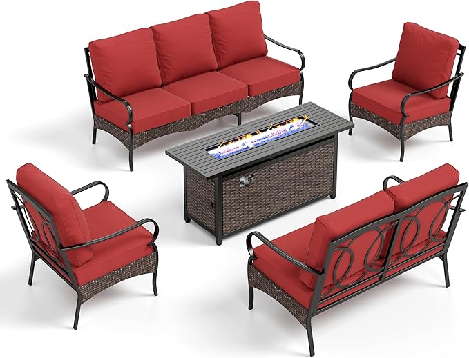 Patio Furniture Set with 56" Fire Pit Table, Premium Outdoor Wicker Metal Frame Furniture with Upgraded Waterproof Thick Cushions for Porch, Poolside, Deck, and Yard