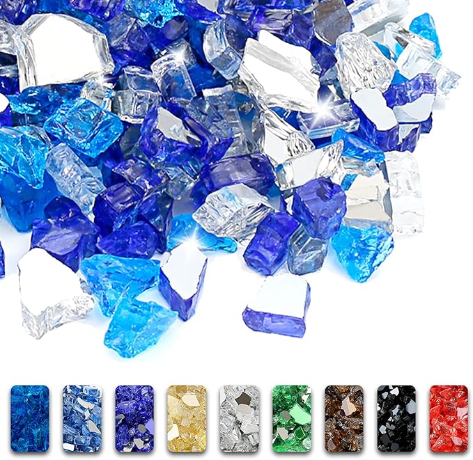 GRISUN 20 Pounds Bahama Blend Fire Glass for Fire Pit - 1/2 Inch High Luster Reflective Tempered Glass Rocks for Natural or Propane Fireplace, Safe for Outdoors and Indoors