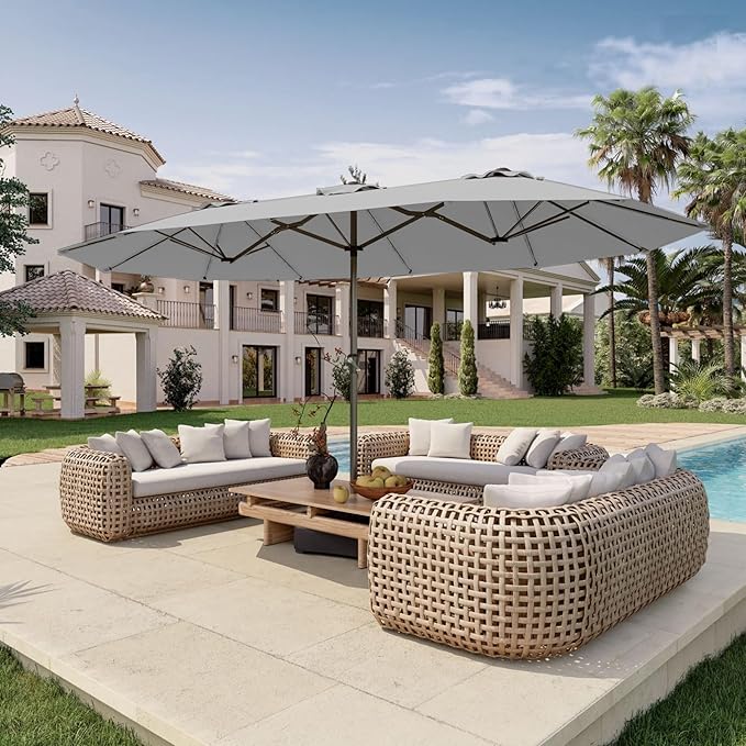 15FT Double Sided Patio Umbrella with Base Included Large Outdoor Market Umbrella with Crank Handle, UV Resistant Canopy, Sturdy Frame for Garden, Poolside, Deck, Light Gray