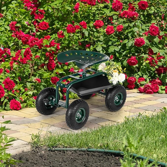 Outvita Garden Cart Gardening Workseat w/Wheels, Rolling Work Seat with Adjustable 360 Degree Swivel Seat, Basket and Tool Tray, Patio Wagon Scooter for Lawn Yard Outdoor Planting（Green）
