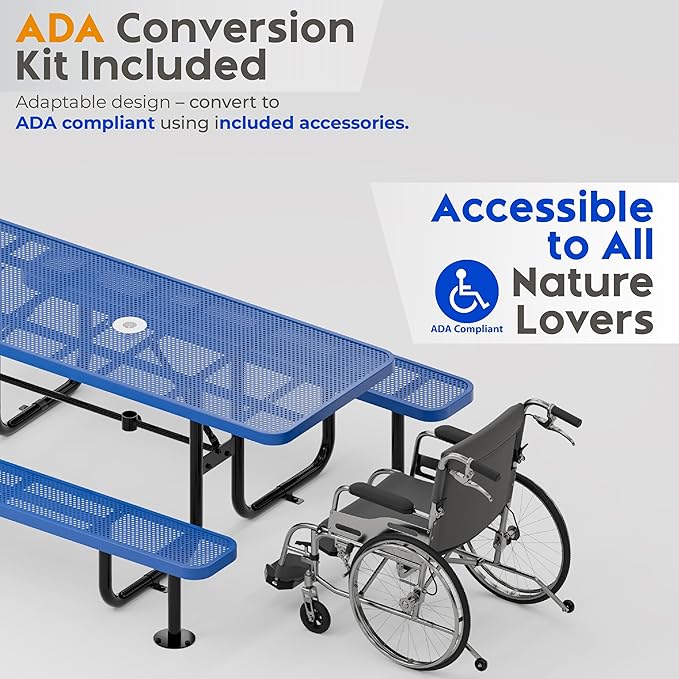 Commercial Heavy-Duty Metal Picnic Table - ADA Compliant, Adjustable Seats, Umbrella Hole (Blue, 6' Rectangular, Punched Steel)