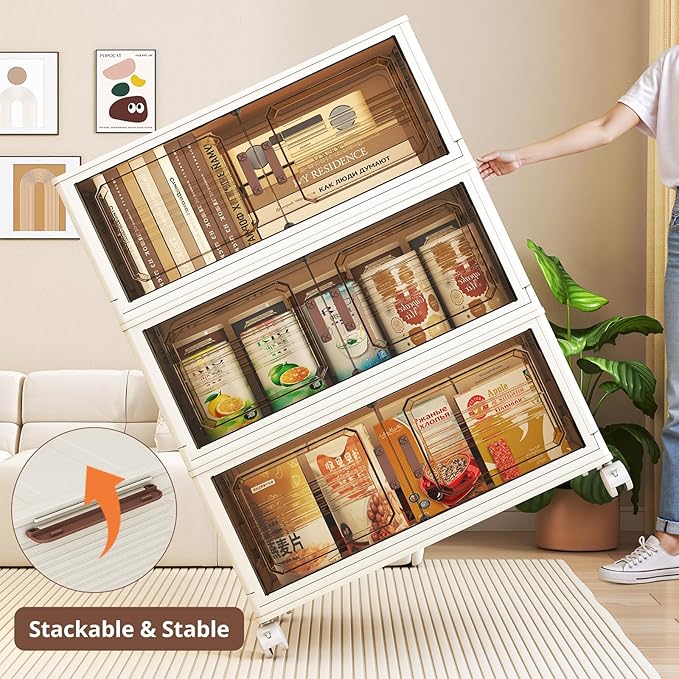 Extra Large Stackable Storage Bins, Folding Plastic Boxes with Magnetic Doors and Wheels, 6 Pack Stackable Containers, Collapsible Closet Organizer Cubes for Bedroom, Dorm, Garage, Christmas Gift