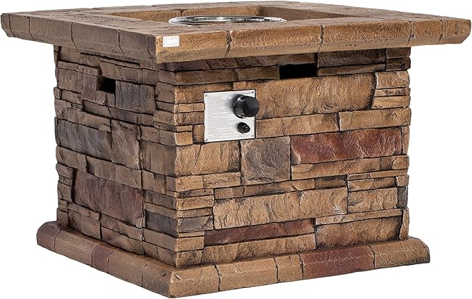 32" Outdoor Propane Fire Pit, Square Stonecrest Gas Firepit for Outside Patio, Concrete Propane Fire Table 50,000 BTU Gas Fire Pits with Waterproof Cover, Red Fire Glass