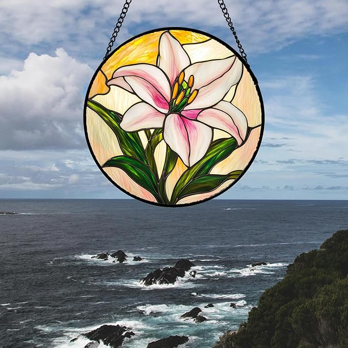 AMDERVEN Stained Glass Window Hanging 4 Pcs Set Lily Rose Sunflower Poppy 7.8" - Flower Suncatcher Door Garden Sun Catcher Decor Birthday Mother's Day for Wife Woman Nana Girl