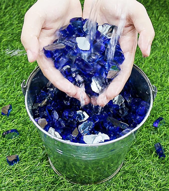 GRISUN Blue Fire Glass for Fire Pit, 20 Pounds 1/2 Inch High Luster Reflective Tempered Glass Rocks for Natural or Propane Fireplace, Safe for Outdoors and Indoors Firepit Glass
