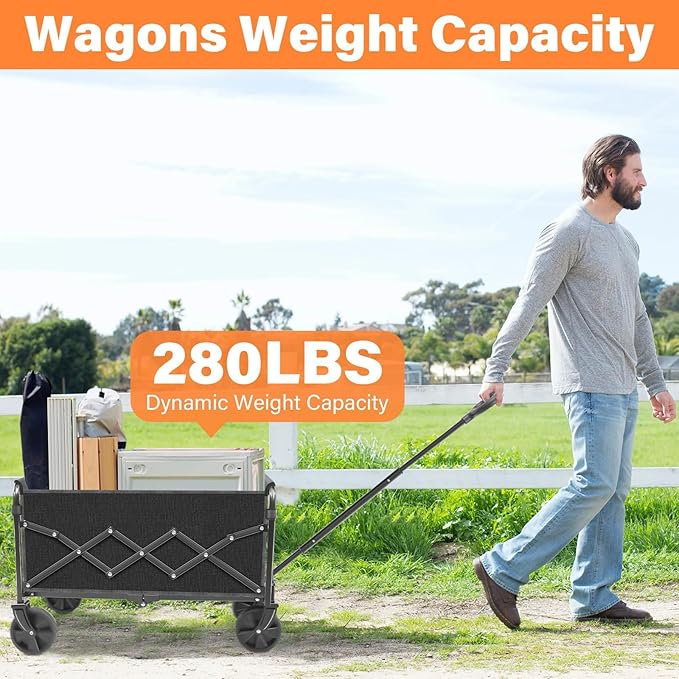 Wagons Carts Foldable, Collapsible Wagon Cart with Wheels - Beach Wagon Cart with Wheels for Sand Sports Camping Grocery, Black