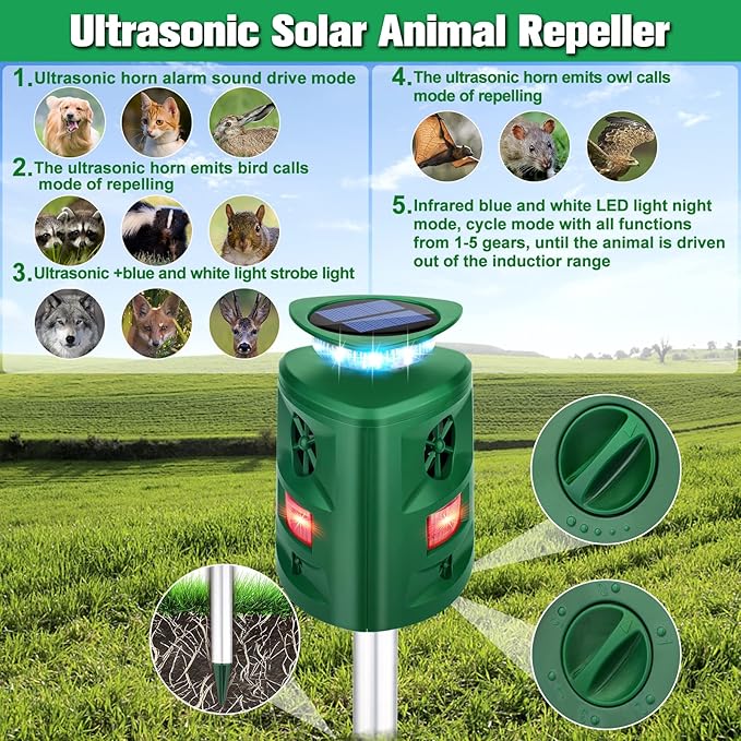 Deer Repellent Device Ultrasonic Solar Animal Repeller,360 ° Squirrel Repeller Outdoor with Motion Sensor & Flashing Light,Racoon Repellent Outdoor Repel Fox Rabbit Squirrel Raccoon Skunk-Dark Green