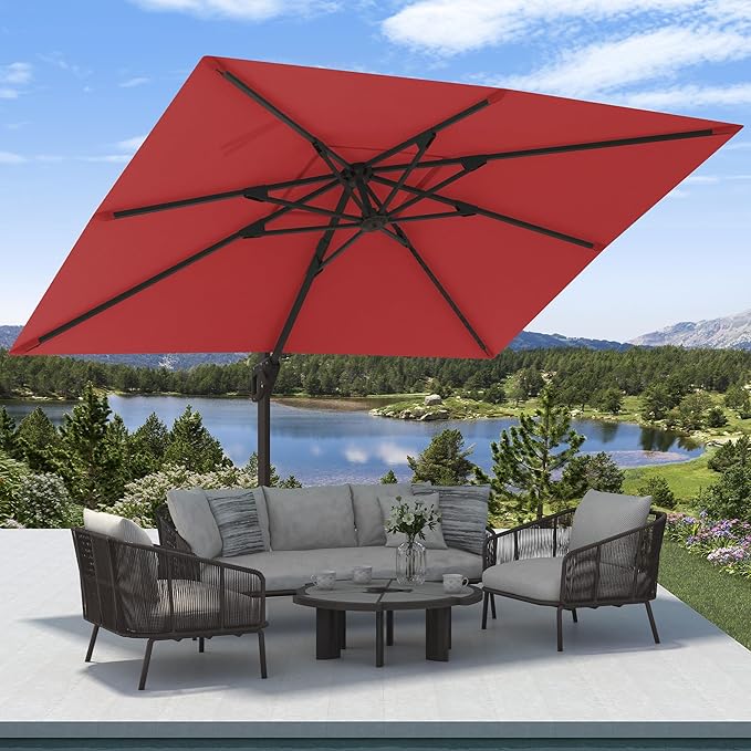 9' X 12' Cantilever Patio Umbrella Rectangular Outdoor Large Offset Umbrellas with 7 Tilts Adjustable 360°Rotation for Deck Pool Garden Backyard, Red