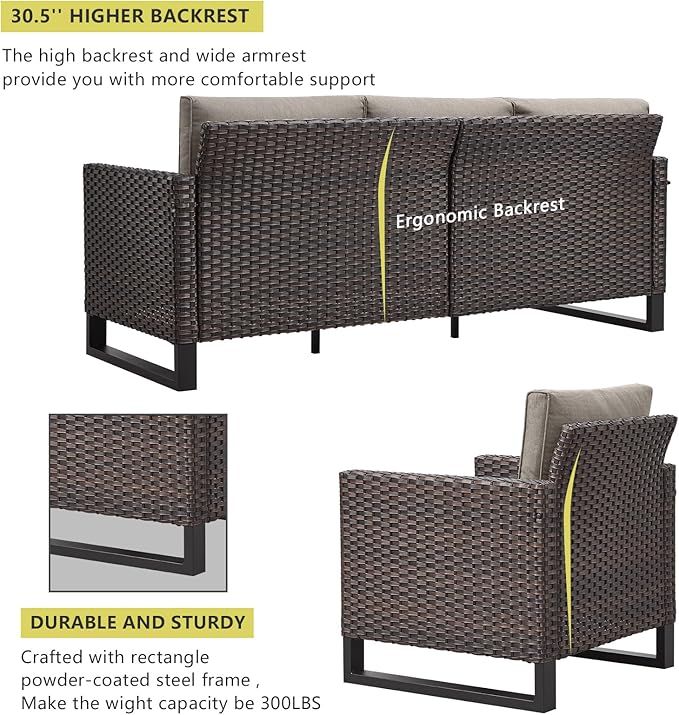 HUMMUH 8 Piece Patio Furniture Set PE Wicker Outdoor Sectional Sofa and Patio Swivel Chairs Outdoor Dining Table Ottomans for Porch,Garden,Backyard,Deck(Brown/Grey)