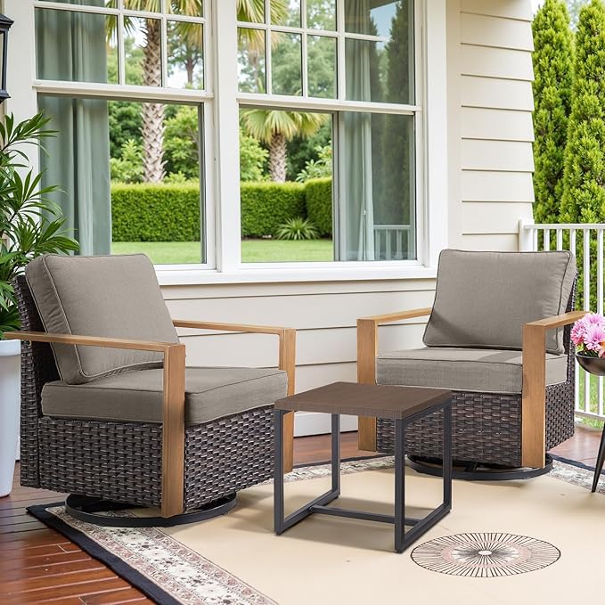 Belord Outdoor Swivel Rocker Chairs Set of 2 with Metal Wide Armrests, 3 Piece Patio Bistro Wicker Chairs with Side Table, Comfort Glider Furniture for Porch, Deck, Sunroom, Backyard