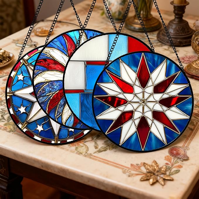 AMDERVEN Stained Glass Window Hanging 4 Pcs Set Abstract Flowers in Red White Blue Large 15" - Suncatcher Door Garden Sun Catcher Decor Birthday Mother's Day Xmas Gift for Mom Woman Nana Men Parents