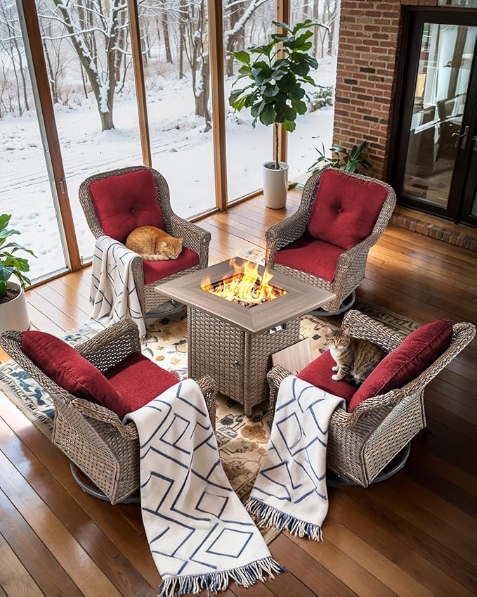 Outdoor Patio Swivel Gliders with Fire Pit Table 5 Piece Set - High Back Brown Wicker Rattan Rocking Chair with Thick Cushion for Porch Apartment Deck Yard Poolside Garden - Red
