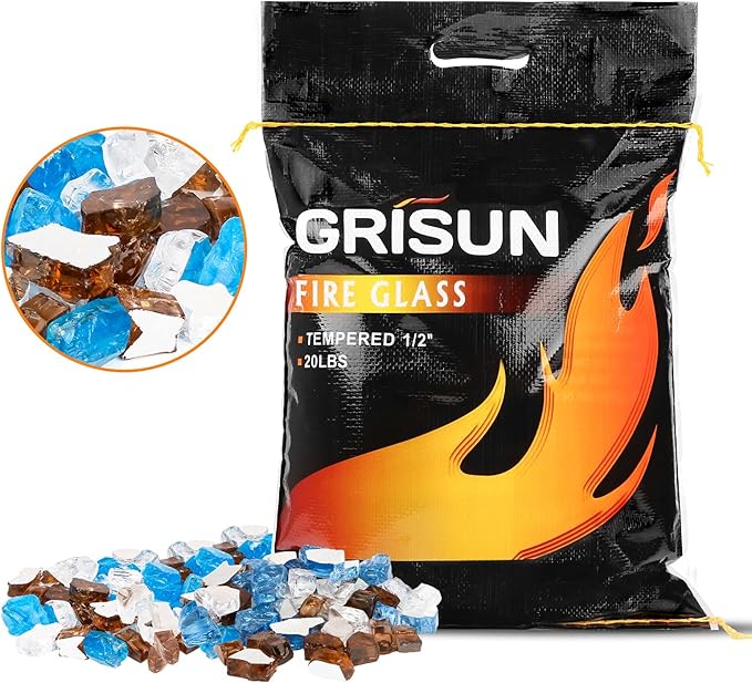 GRISUN 20 Pounds Blended Fire Glass for Fire Pit - 1/2 Inch High Luster Reflective Tempered Glass Rocks for Natural or Propane Fireplace, Safe for Outdoors and Indoors Firepit, Copper, Blue, White