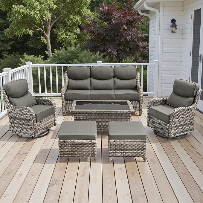 Rilyson Wicker Outdoor Patio Furniture Set - 6 Piece Patio Conversation Sets with Swivel Rocker Chairs, Ottomans, Sofa and Coffee Table, 6 inch Cushions, Deep Seating, for Porch Deck Mixed Grey/Grey