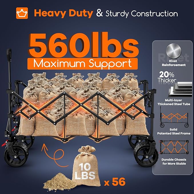 48" L Collapsible Wagon Cart Foldable, 560lbs Weight Capacity 300L Heavy Duty Folding Beach Wagons with Big All-Terrain Wheels, Utility Carts for Groceries, Shopping, Camping, Sports - Black