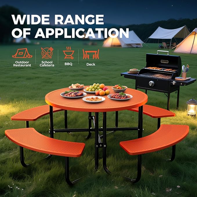 Rueekfil 46" Coated Picnic Table with Umbrella Hole, Heavy Duty Commercial Picnic Table for Outdoors, Family & Party Ready for School Camping, Round, Orange