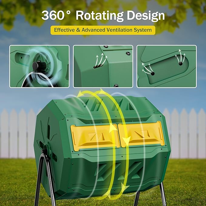 Saicool 43 Gallon Large Dual Chamber Composting Tumbler Outdoor Garden Rotating Compost Bin Tumbling Composter with Sliding Door, Green