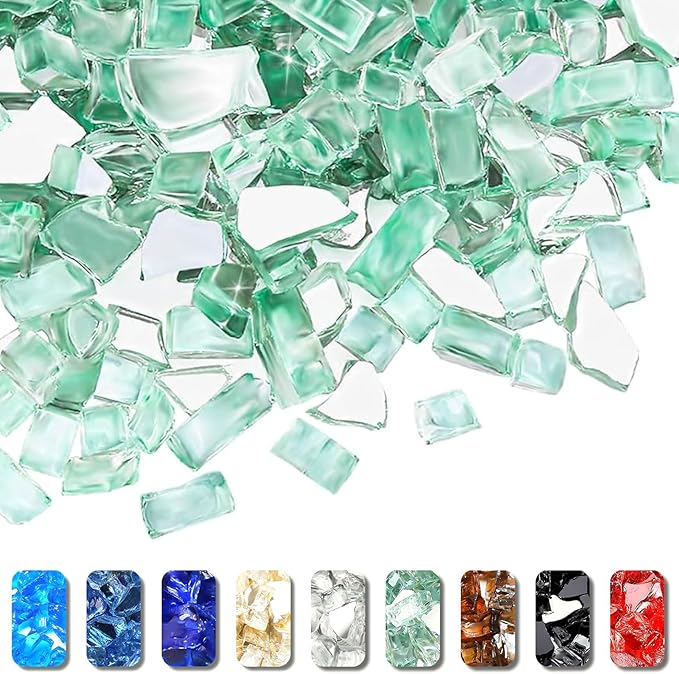 GRISUN 20 lbs Green Fire Glass for Fire Pit, 1/2 Inch High Luster Reflective Fire Pit Glass for Natural or Propane Fireplace, Fire Table, Safe for Outdoors and Indoors Tempered Glass Rocks