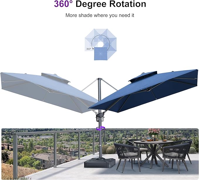 PURPLE LEAF Sunbrella Patio Umbrella 10 Feet Outdoor Double Top Large Offset Hanging 360° Rotation Heavy Duty Cantilever Square Umbrella for Garden Patio Deck Pool Backyard Spectrum Indigo