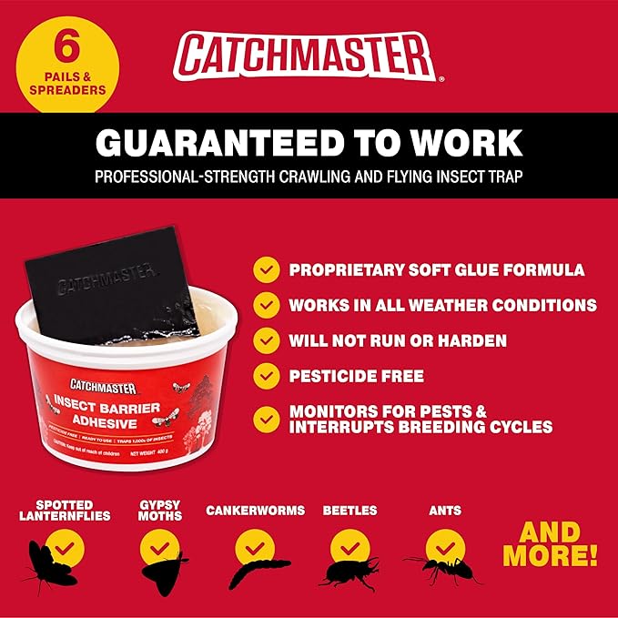 Catchmaster Tree Banding Insect Barrier DIY Kit 6Pk, 15oz. Pails and Spreader, Lanternfly & Ant Traps, Outdoor Adhesive Crawling Insect Trap, Glue Traps to Protect Trees, Fruit & Plants